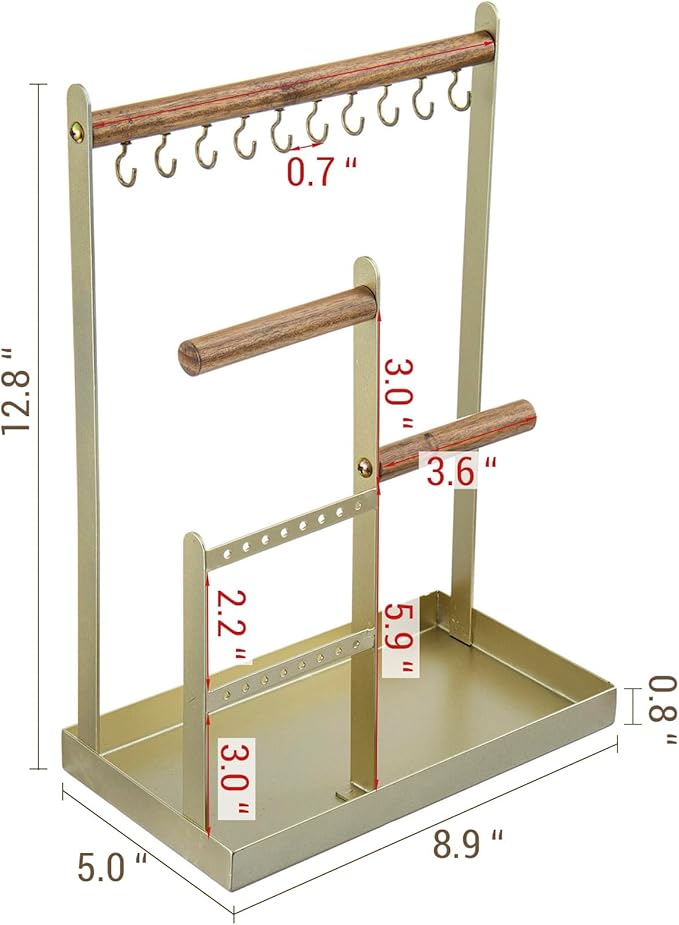 MyGift Brass Tone Metal & Acacia Wood Tabletop Jewelry Organizer – Necklace, Bracelet, Earring Holder with Ring Tray for Vanity or Dresser Display