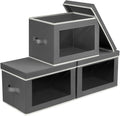 Stackable Storage Bins with Lids - Large Storage Box with Lids, Foldable Closet Boxes for Organizing, Wardrobe Clothes Organizer with Window, Cubes Bins for Living Room, 3 Pack, Dark Grey