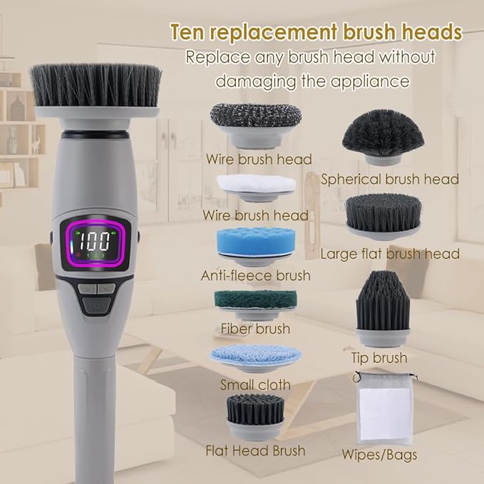 10 in 1 Electric Spin Scrubber, Bathroom Electric Cleaning Brush 10 Replacement Head, Cordless Shower Cleaning Brush with Extension Arm, IPX7 Waterproof Electric Scrubber, LED Screen