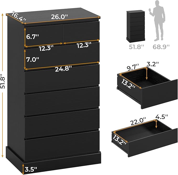 Hasuit Tall Dresser with 7 Drawers for Bedroom, 51.8'' High Chest of Drawers Storage Organizer for Closet, Modern Taller Clothes Storage Tower with Ample Storage Space