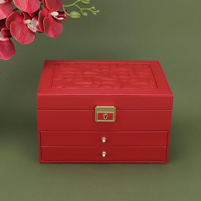 DesignSter Jewelry Box,Jewelry Organizer with 2 Drawers, 3 Layers Leather Jewelry Storage Box with Lock, Jewelry Storage Case for Necklaces Earrings Bracelets and Rings（Red）