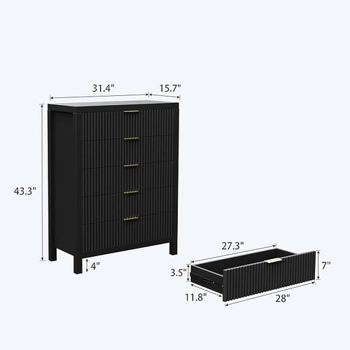 5 Drawer Dresser, 43" Tall Dresser Organizer TV Drawer Cabinet Modern Wood Storage Cabinet, Modern Wood Storage Cabinet for Bedroom, Hallway, Entryway, Black Oak X 2