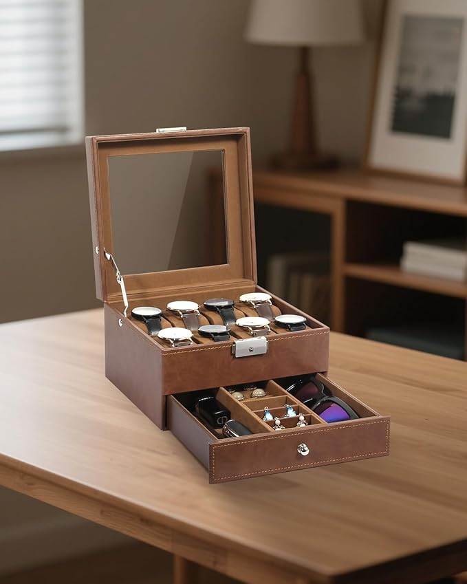 Uten 8-Slot Watch Box, 2-Layers PU Leather Watch Case with Glass Lid, Watch Holder Organizer with Soft Pillow and Velvet Lining, Watch and Jewelry Storage Box, Brown