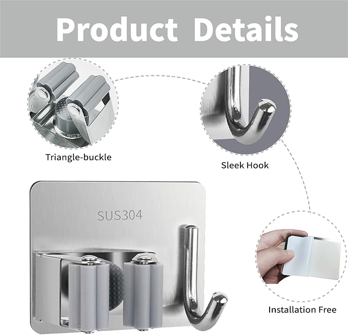 5 Pack Mop and Broom Holder Wall Mount, Silver Stainless Steel Mop and Broom Hanger with Hooks, Mop Broom Organizer for Closet Laundry Garage Garden Tool Organizer (Silver)