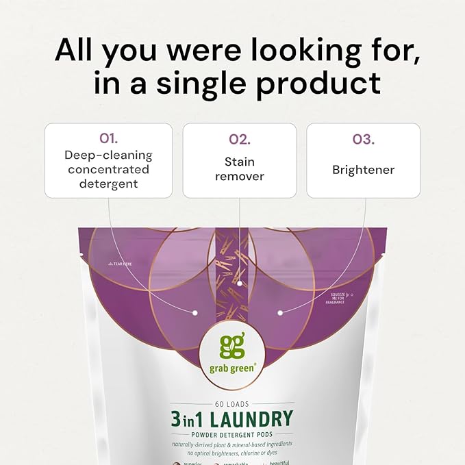 Grab Green 3-in-1 Laundry Detergent Pods, 132 Count, Gardenia Scent, Plant and Mineral Based, Superior Cleaning Power, Stain Remover, Brightens Clothes