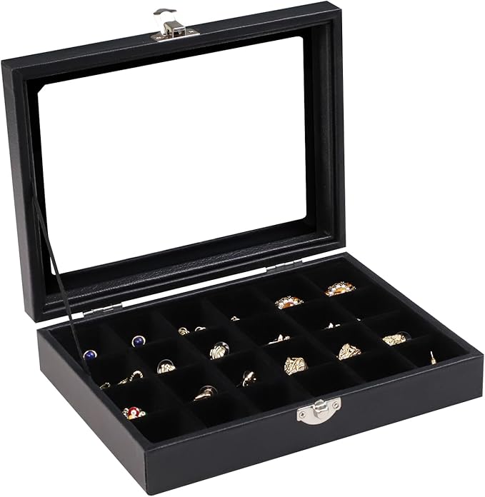 Wudygirl Jewelry Organizer Small Jewelry Box Jewelry Tray with Lid Velvet Earring Organizer Jewelry Earrings Holder Ring Display Storage Ring Box for Women 24 Grid (Black)