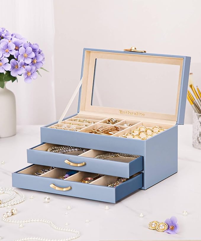 Jewelry Box with 2 Drawers: Jewelry Display Organizer for Earrings Necklaces - Gifts for Girls Women (Grey Blue)