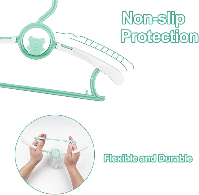 HGYZE Kid Hangers for Closet 50pcs, Green Infant Clothes Hanger 11-14" Adjustable Plastic Baby Coat Hangers with Bear Hook, Non-Slip Children Outfit Hangers for Boy Toddler Newborn Teen Clothing