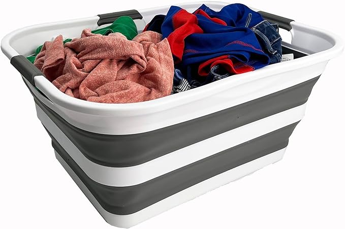 SAMMART Collapsible Plastic Laundry Basket Washing Tub Foldable Pop Up Storage Container-Space Saving/Portable Laundry Hamper. Ideal for Home, Travel, Dorm, and Camping (White/Steel Grey, 42L)
