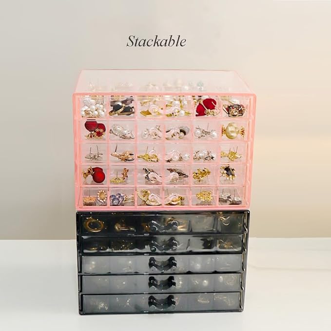 Earring Storage Box Organizer, Acrylic Jewelry Storage Box Holder 5 Drawers Transparent Jewelry Display Stand with 120 Small Compartments Gift Boxes for Women Girls (Clear Black)