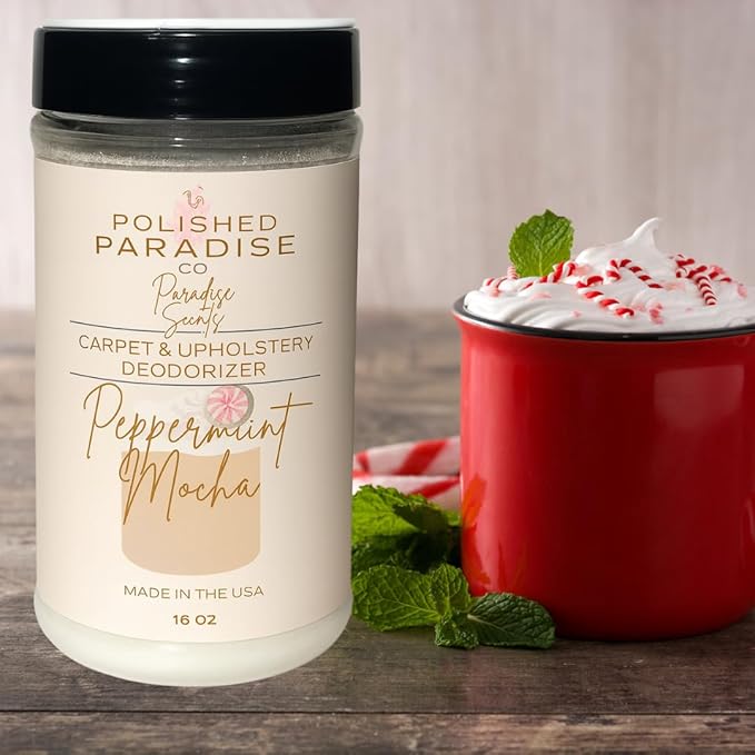 Polished Paradise Co Paradise Scents Carpet and Upholstery Deodorizer, Christmas Holiday Scent Powder for Rugs and Textiles, 16 Oz (Peppermint Mocha)