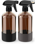 Bontip Glass Spray Bottle with Silicone Sleeve Protection, Amber Glass Spray Bottle Set for Window Cleaner Aromatherapy Facial Hydration Watering Flowers Hair Care 2 Pack/16 oz (Black & Grey, 16 oz)