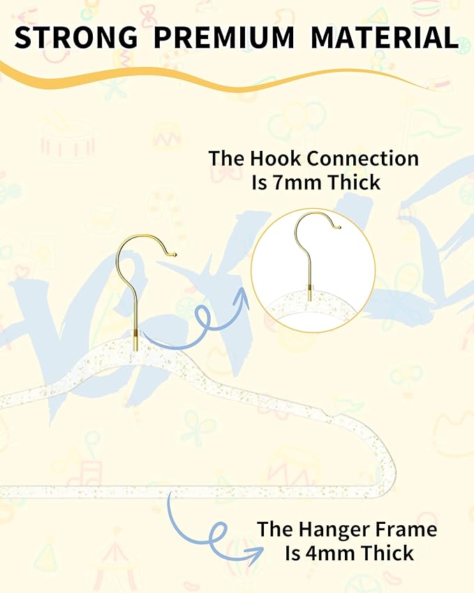 HGYZE Toddler Hangers for Kids Clothes Closet, 50pcs Slim Baby Hangers with 10 Connector Hooks for Infant Coat, Perchas de Plástico for Boy Nursery (Clear Sparkling Hangar with Gold Glitter)