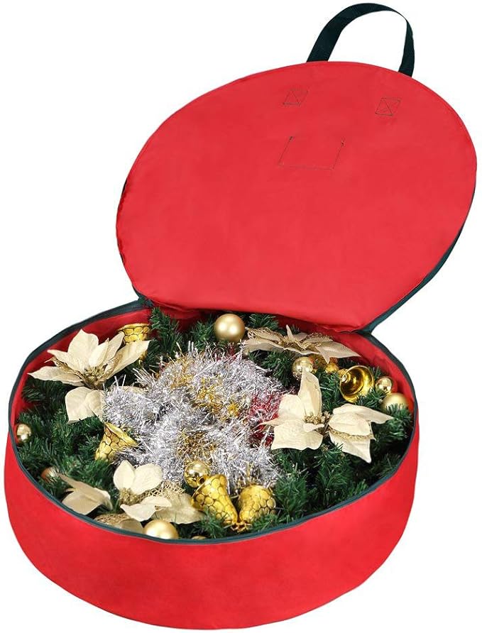 Primode Heavy Duty Christmas Wreath Storage Bag 24"- Garland Wreaths Container with Handles - Durable 600D Oxford Polyester Material Holiday Wreaths Storage Holder 24” (Red)