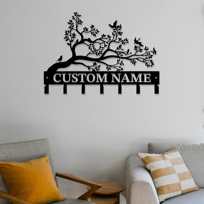 Personalized Custom Name Birds of Trees Wall Key Hooks,Metal Birds of Trees Art Clothes Hooks,Metal Birds of Trees Wall Home Storage Decorative,For Front Door, Hallway, Kitchen, Bedroom(Style B)