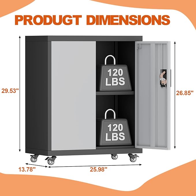 31.5''H Metal Storage Cabinet with Wheels, Garage Tool Storage Cabinets with Lock, Lockable Steel Rolling Tool Chest with Doors & Adjustable Shelves for Garage, Home, Office