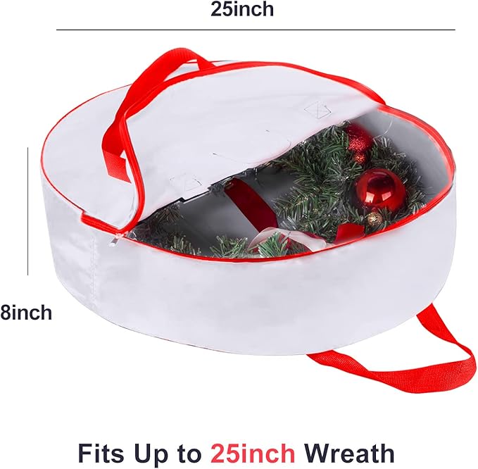 TQS 25" Christmas Wreath Container Bag - Christmas Large Wreath Bag Storage Cover- Reinforced Wide Heavy Duty Handle & Double Sleek Zipper - Protect Your Garlands Party Decorations - White