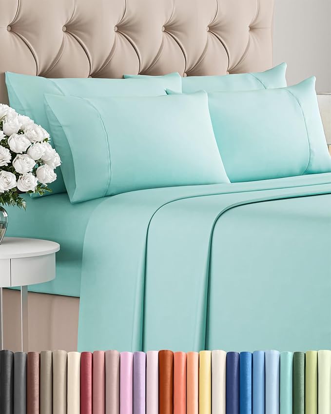 Cal King 6 Piece Sheet Set - Comfy Breathable & Cooling - Ultra-Soft Hotel Luxury Bedding Set w/ 8-16 Inch Deep Pockets - 1 Flat & 1 Fitted Sheet & 4 Pillowcases - Wrinkle Free & Easy Care - Spa Blue