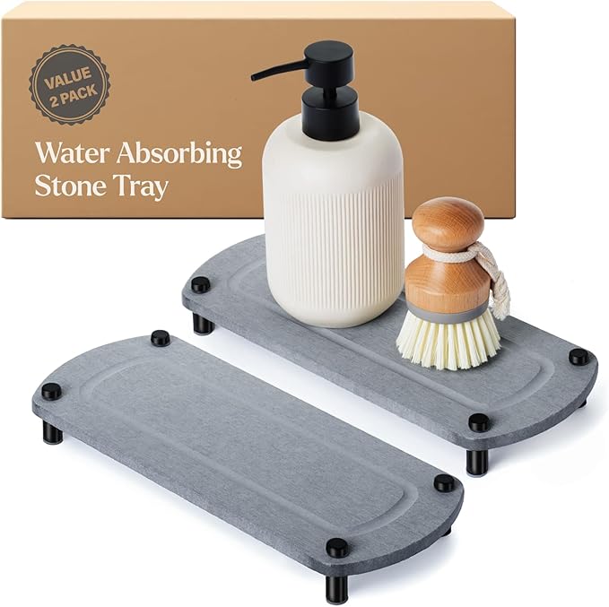 TWINKLE MOMENT 2PCS Water Absorbing Stone Soap Tray for Kitchen Bathroom Sink, Quick Dry Diatomaceous Earth Drying Rack and Shower Caddy, Soap Dispenser and Sponge Holder Organizer for Countertop