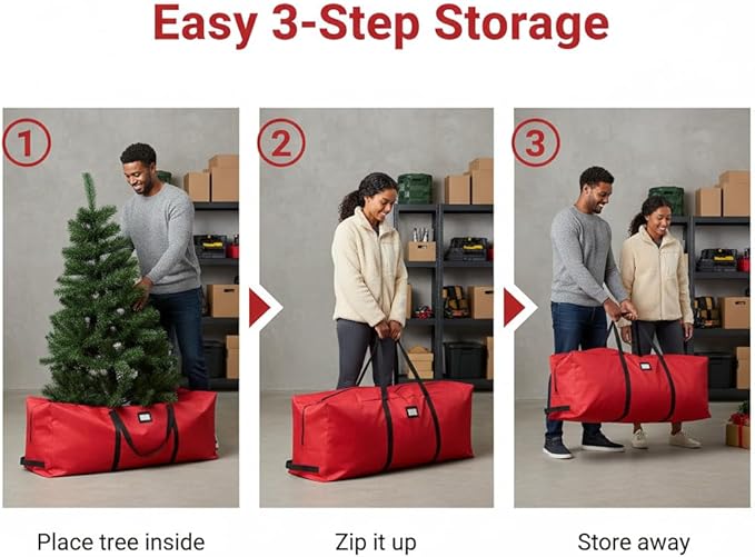 Christmas Tree Bag 9ft- Fits Heavy Duty Artificial Trees- Tear Proof 600D Oxford Fabric Waterproof Xmas Tree Storage Bag with Durable Handles & Zipper- Card Slot - Red