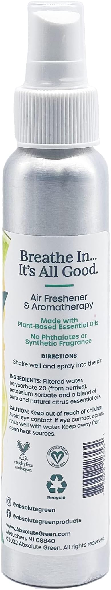 Absolute Green Air Freshener Room Spray, Non-Toxic, Cover Odors, Safe around Kids and Pets, Natural Fresh Citrus Scent 4oz (1 Pack)