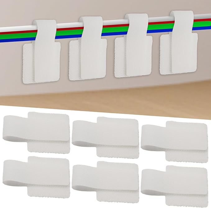 Rierdge 80 PCS White Hook and Loop Cable Straps, Self Adhesive Cable Ties - Reusable Adjustable Wire Organizers for Desk, Home Office, Workshop
