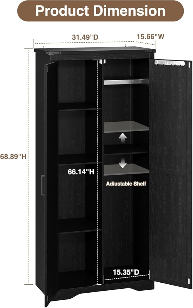 Black Farmhouse Storage Cabinet with Adjustable Shelves, Large Pantry Organize with 2 Barn Doors, Tall Freestanding Cabinet for Kitchen, Bathroom, Garage, Basement, Living, Utility Room