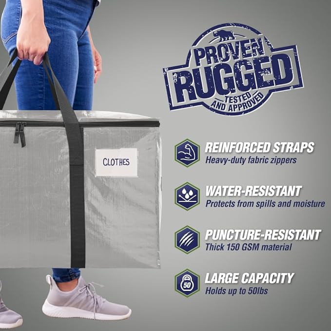 RUGGED RHINO Heavy Duty Extra Large Moving Bags, Durable Bag with Strong Handles and Zipper, Moving Boxes Alternative for College Packing, Holiday Décor, Space Saving Storage with Label, 2 Pack Silver