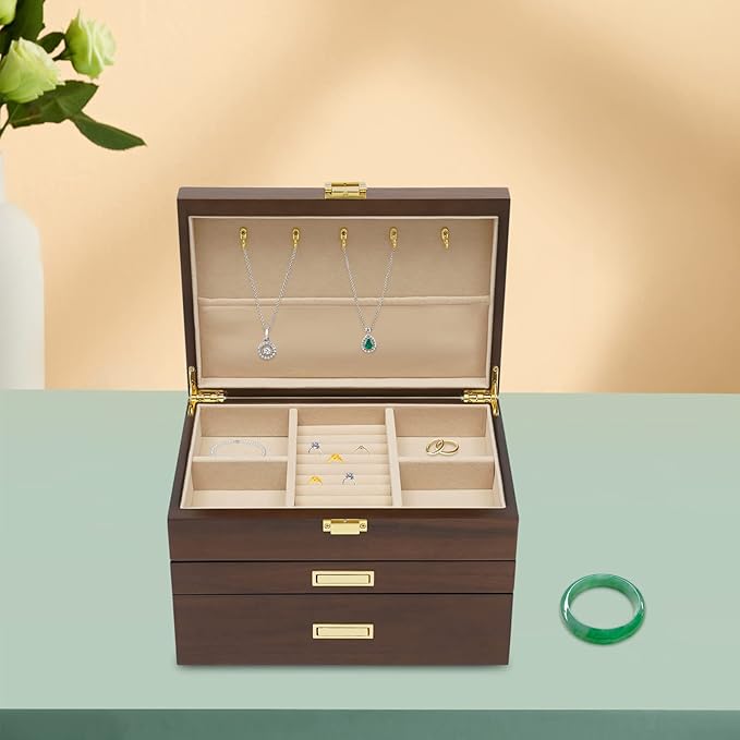 3-Layer Jewelry Box Organizer with Lock and Hooks,Jewelry Chest for Women Girls, Retro Display Jewellery Holder Organizer Storage Box for Necklace Earrings Rings Bracelets