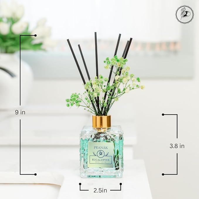 Reed Diffuser Set - Eucalyptus Mint Oil, Oil Diffuser Sticks, Bathroom Diffuser, Bathroom Decor, 200ml with Preserved Flowers - PEANÄK