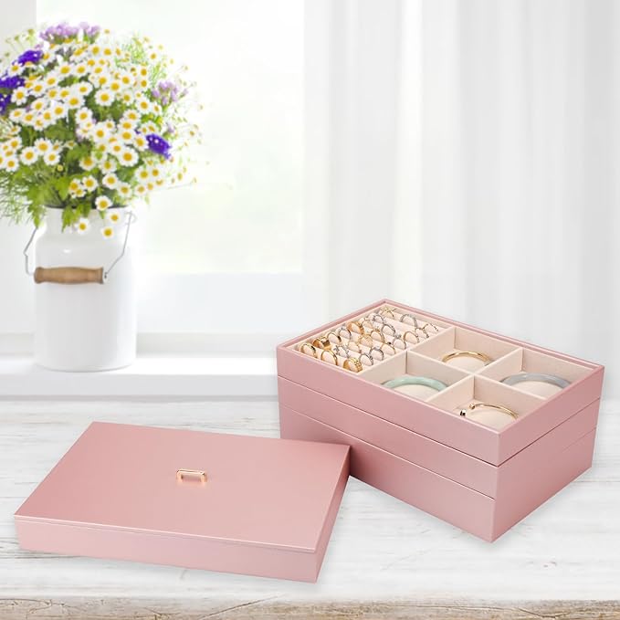 Voova Stackable Jewelry Organizer Tray with Lid, PU Leather Jewelry Storage Holder for Drawer Inserts, Jewellery Display Box Case for Earring Necklace Ring Watch Bracelet (Set of 4, Rose Gold)