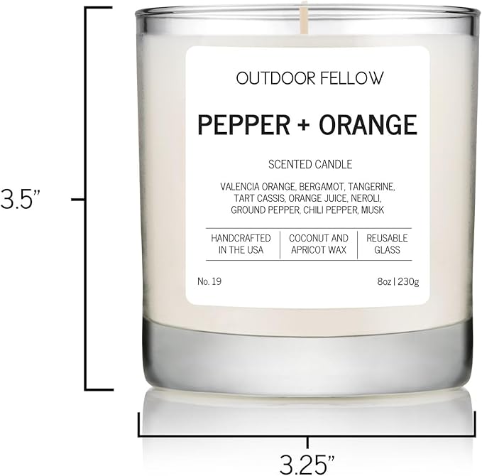 Outdoor Fellow Pepper + Orange Candle, 8oz, Coconut & Apricot Wax Blend, Bergamot, Neroli, Chili Pepper, 40+ Hour Burn Time, Citrus Scented Candle, Vibrant Home Fragrance