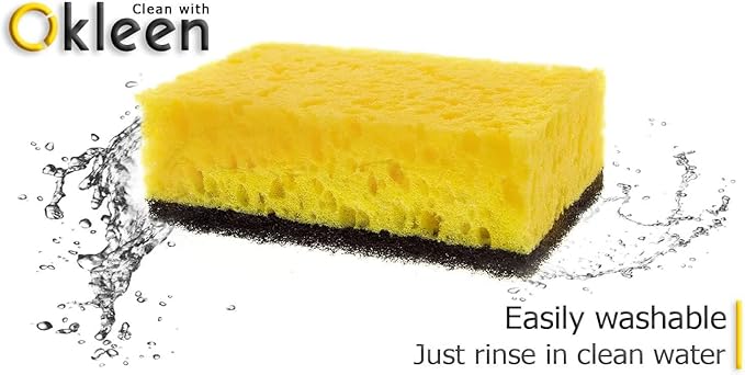 Okleen Yellow Multi Use Scrub Sponge. Made in Europe. Large Pack of 18. 4.3x2.8x1.4 inches. Black Heavy Duty & White Non Scratch Fiber. Best Odorless & Durable Professional Scrubber for Commercial Use