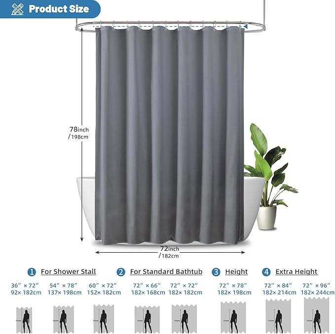 Water-Repellent Fabric Shower Curtain Liner - Hotel Quality Machine Washable, 3 Heavy-Duty Magnets with Rustproof Grommets & Weighted Hem, Standard Size 72x78in Grey