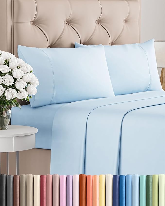 Twin XL 4 Piece Sheet Set - Comfy Breathable & Cooling - Ultra-Soft Hotel Luxury Bedding Set w/ 8-16 Inch Deep Pockets - 1 Flat & 1 Fitted Sheet & 2 Pillowcases - Wrinkle Free & Easy Care - Baby Blue