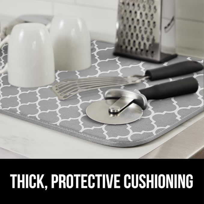 GORILLA GRIP Ultra Water Absorbent Microfiber Dish Drying Mat 2 Pack, Quick Dry Mesh, Slip Resistant Pad for Sink Dishes or Under Rack, Kitchen Counter Accessories, Machine Wash, 18x16, Quatrefoil