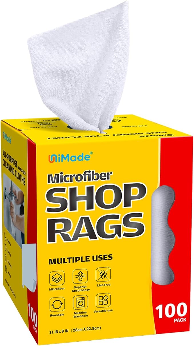 UNIMADE Shop Rags, 100 Sheets Microfiber Cleaning Cloth Commercial Grade Washcloths Lint-Free Bulk Shops Towels for Cars Mechanic Restaurant Garage Housekeeping, 11"x 9", White