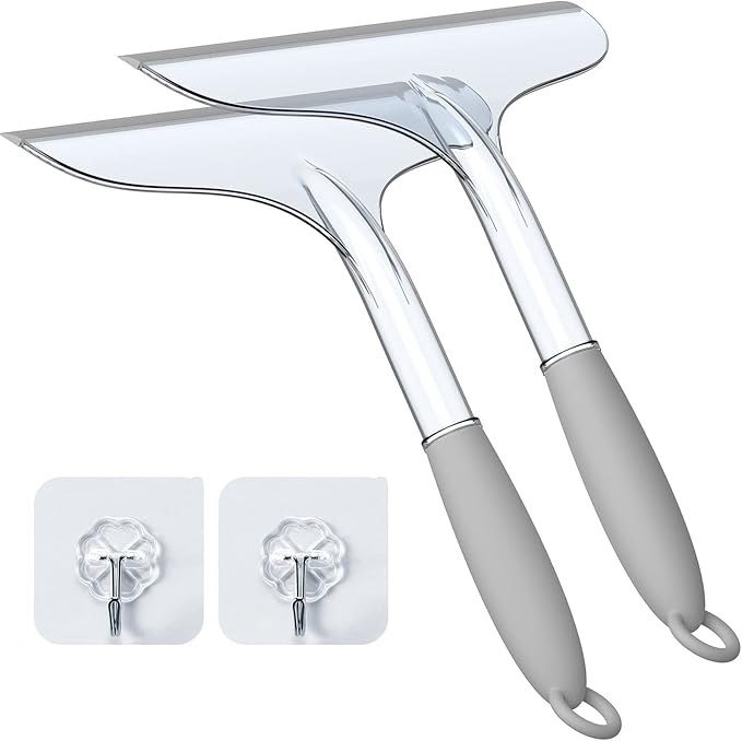 Shower Squeegee for Glass Shower Doors Bathroom Tile Mirror – Streak-Free Silent Window Cleaner with Non-Slip Handle and Adhesive Hook for Car and Home Cleaning