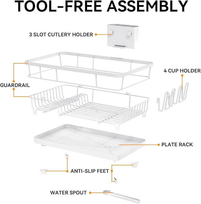 TOOLF Large Dish Drying Rack for Kitchen Counter,Kitchen Dish Racks with Drainboard,Sink Dish Strainer Rack,Countertop Dish Drainer Rack with Cup & Utensil Holders,White