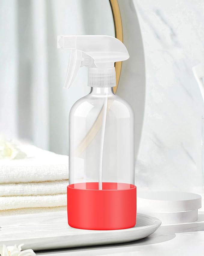 Rionisor Glass Spray Bottles with Silicone Sleeve Protection, Empty 16OZ Reusable Spray Bottles, Refillable Containers with Spray Nozzles for Cleaning Solutions, Plants and Essential Oils 1 Pack Red