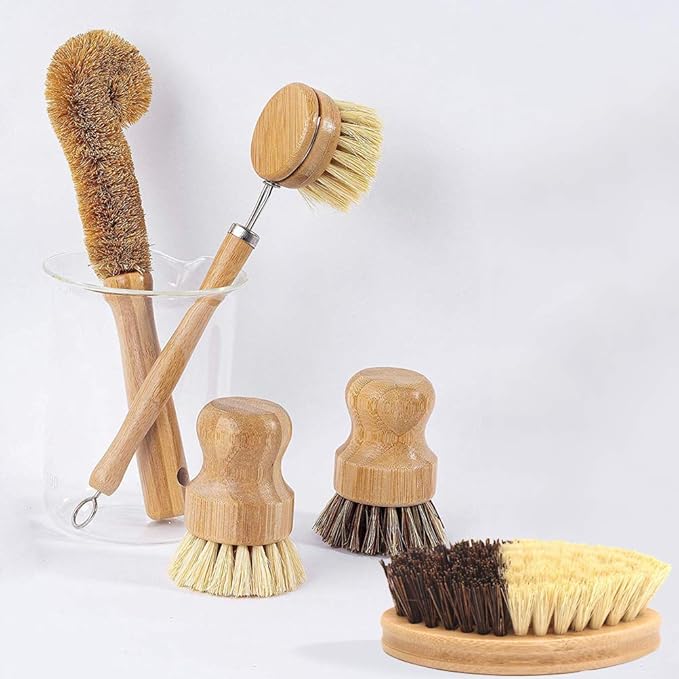 Vankcp 5 Pack Natural Bamboo Cleaning Brush Set, Pot Dish Scrub Brush with Handle and Flannel Bag Kitchen Brushes for Cast Iron Pots, Pans, Vegetable and Kitchen Cleaning