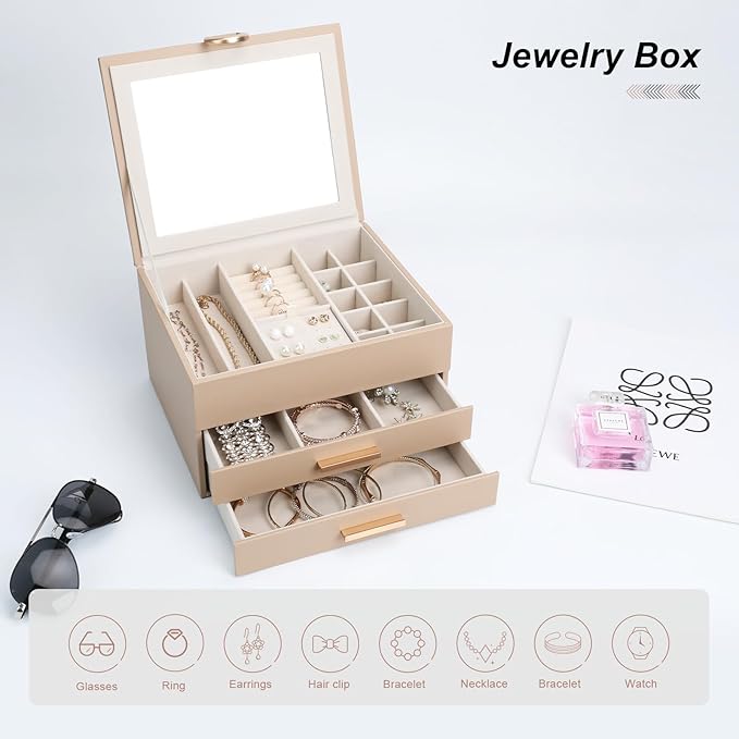 Elegant Gift Jewelry Box with Mirror - 3-Layer Organizer for Earrings, Rings, Necklaces, Ready to Give for Birthday Anniversary Christmas Apricot