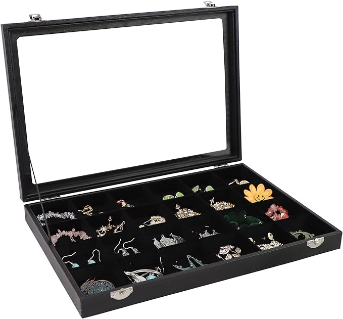Wudygirl Jewelry Organizer Clear Lid 24 Grid Jewelry Box Case Organizer Showcase Display Jewelry Tray Removable Black Velvet Locked