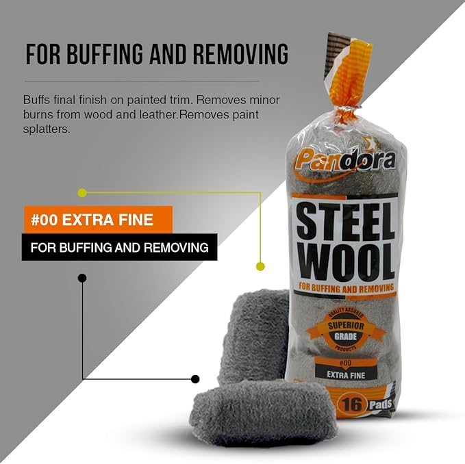 Pandora Steel Wool #00 – Extra Fine Grade, 16 Pads for Buffing and Cleaning - Quality Metal Strands - Ideal for Cleaning Golf Clubs, Metal Wheels, Screens, and Metal Lawn Furniture