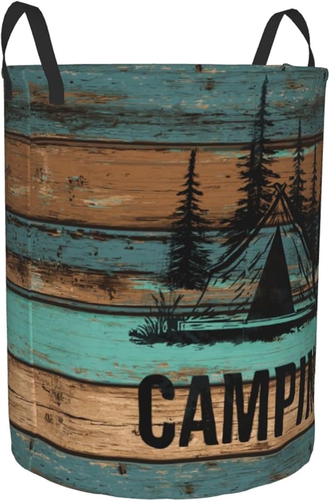 Wood Print Camping Laundry Basket Storage Bin Foldable Laundry Hamper Clothes Storage Bucket Organizer 19.6x15.7 Inch For Laundry Room/Bedroom/Bathroom