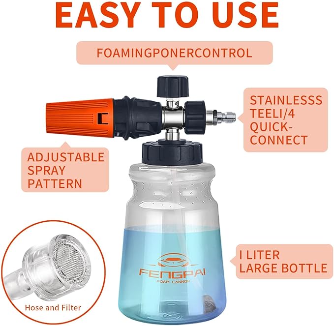 Feng Pai Pressure Washer Gun with Foam Cannon and Dual Connector, 7 Pressure Washer Sprayer Nozzles, Double Tip Attachment for Soap Cannon, 1/4" Quick Connect