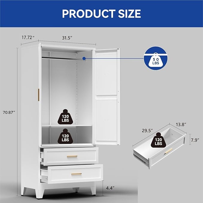 COFaR Metal Armoire Wardrobe Closet with Drawers, 71'' Tall Farmhouse Bedroom Armoires with Doors, Freestanding Steel Wardrobe Cabinet Coat Closet for Bedroom Home Office Garage, White