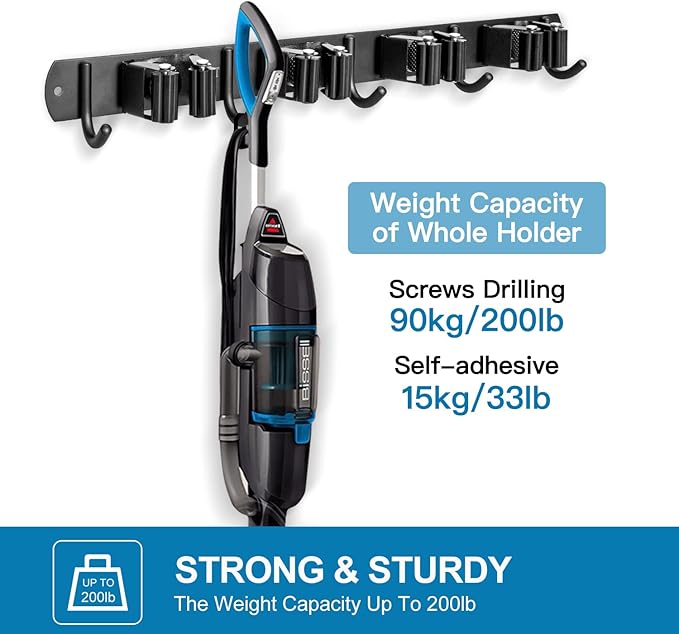 IMILLET Broom and Mop Holder Wall Mounted, Stainless Steel Broom Organizer Heavy Duty Tools Organizer Self Adhesive Mop Holder for Home Laundry Room Garage Garden (4 Racks and 5 Hooks)