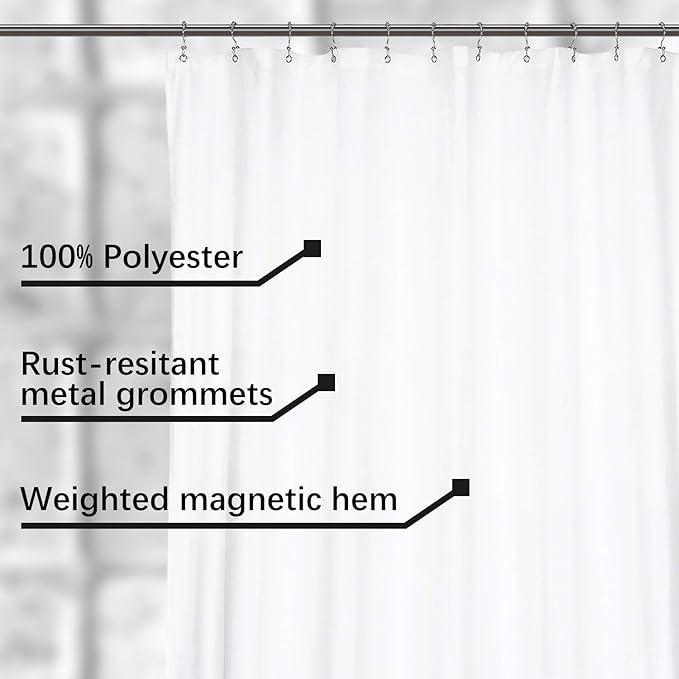 N&Y HOME Fabric Shower Curtain Liner 96 x 78 inch XL Size, Hotel Quality, Washable, Water Repellent, White Bathroom Curtains with Grommets, 96x78
