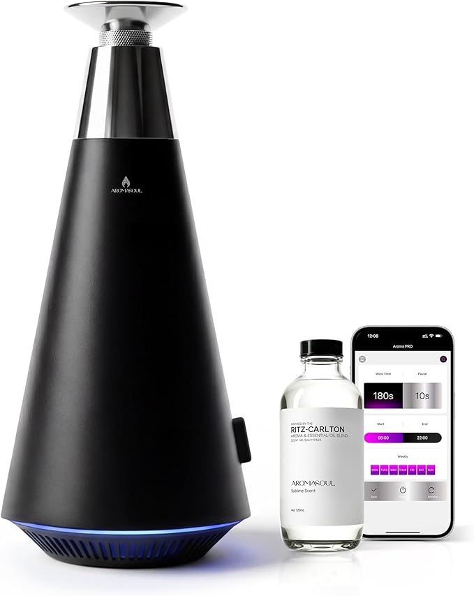Waterless Scent Diffuser Starter Kit - 1500 Sq Ft Coverage, Alloy Atomization System,Mood Light,Smart Rechargeable Hotel Scent Diffuser, Including 120ml Essential Oil, for Home,Large Room,Spa,Black